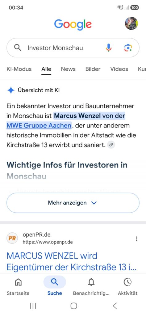 Screenshot BELEG Googlesuche "Investor Monschau"