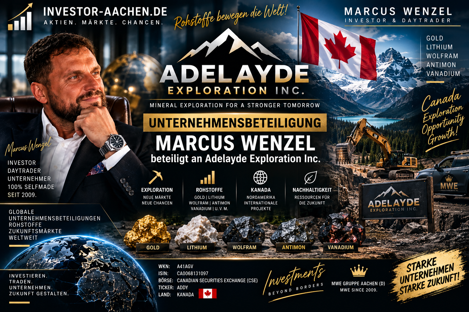 UNTERNEHMENSBETEILIGUNG | MARCUS WENZEL beteiligt an kanadischer Adelayde Exploration Inc. 🇨🇦🌍