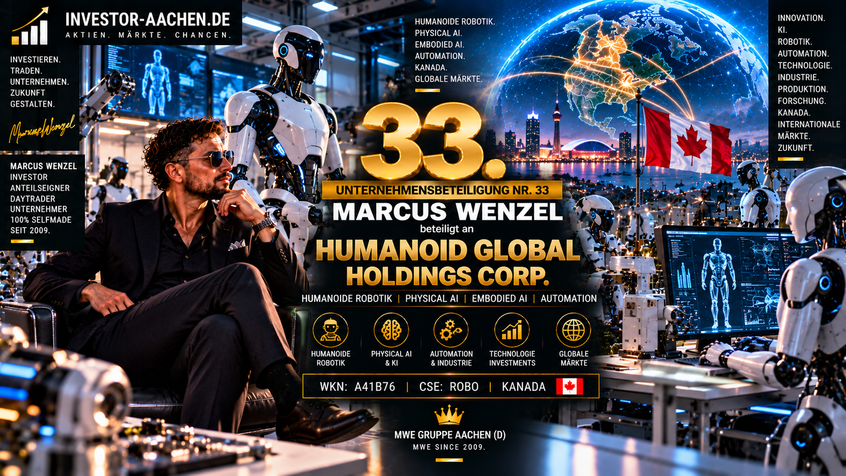 UNTERNEHMENSBETEILIGUNG | MARCUS WENZEL beteiligt an HUMANOID GLOBAL HOLDINGS CORP. 🤖🇨🇦🌍