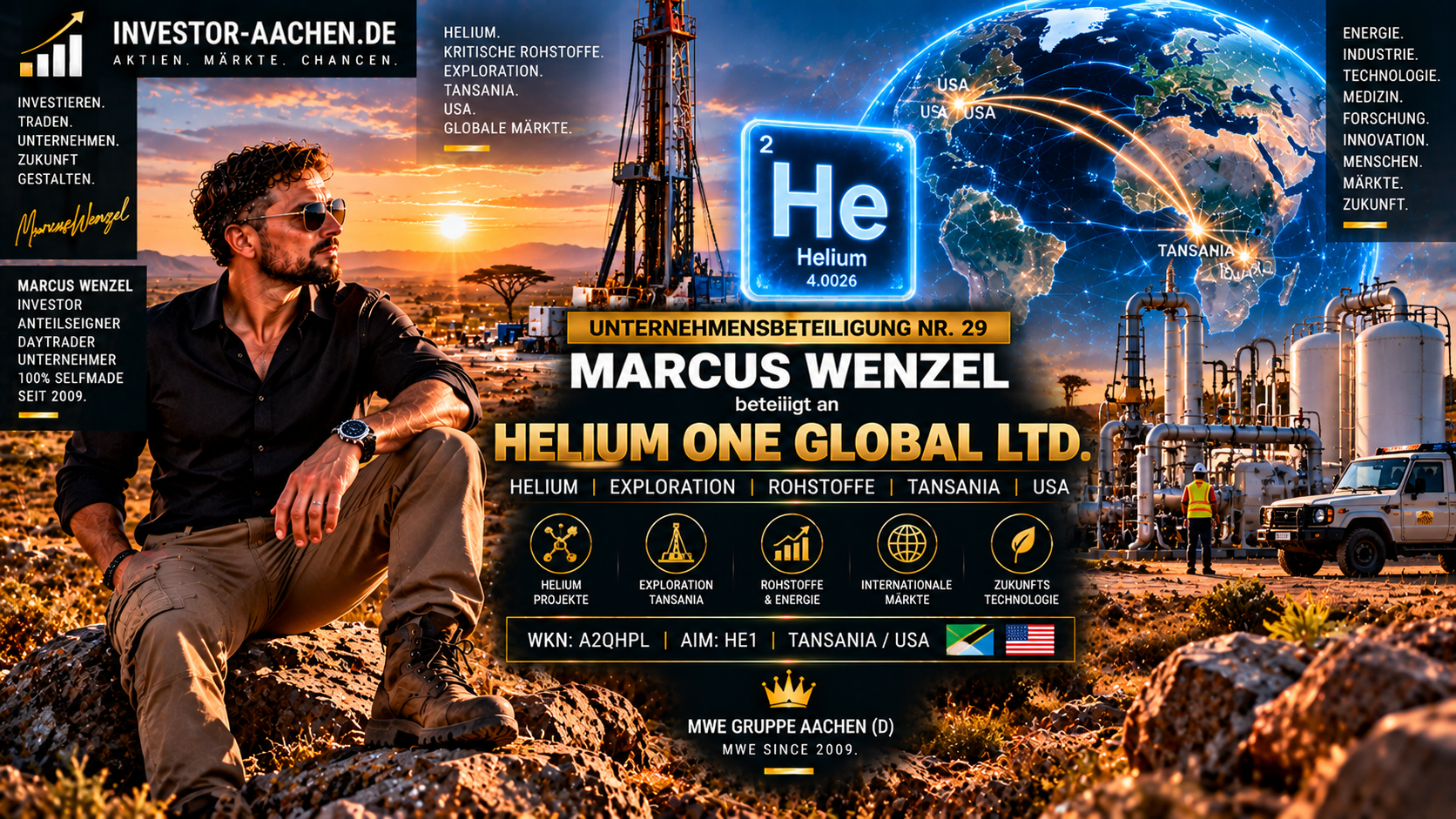 UNTERNEHMENSBETEILIGUNG | MARCUS WENZEL beteiligt an HELIUM ONE GLOBAL LTD. 🇹🇿🇺🇸🌍